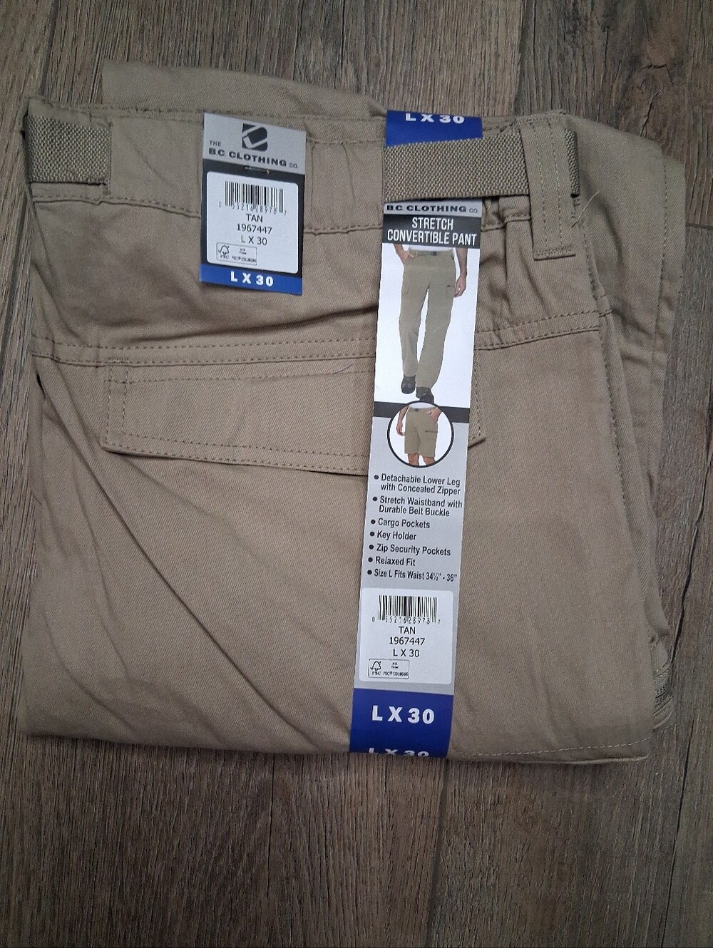 Mens L x 30 BC Clothing Convertible Cargo Stretch Pant Tan Zip Off Hiking - Picture 4 of 8